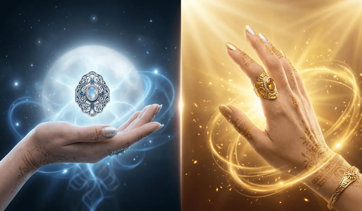 Feng Shui Ring Meanings: How Wearing Rings on Different Fingers Affects Your Energy 1 - Buddha Bodhis Comparison of Yin left hand and Yang right hand ring placement for energy receiving and projecting.