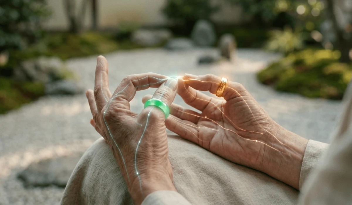 Feng Shui Ring Meanings: How Wearing Rings on Different Fingers Affects Your Energy - Buddha Bodhis Conceptual illustration of Hand Chi energy flow and Feng Shui rings representing the five elements.