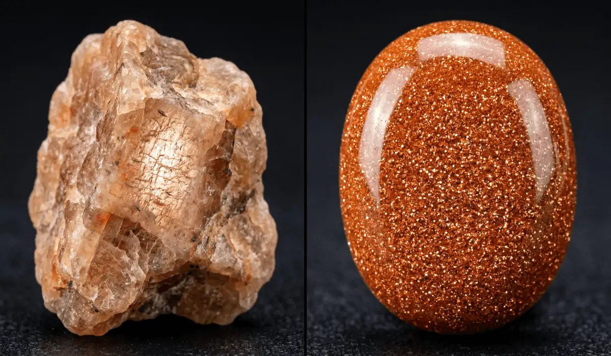 Sunstone vs. Goldstone: How to Tell the Difference and Their Spiritual Benefits - Buddha Bodhis Side-by-side comparison showing the natural schiller effect of Sunstone versus the uniform metallic glitter of synthetic Goldstone.