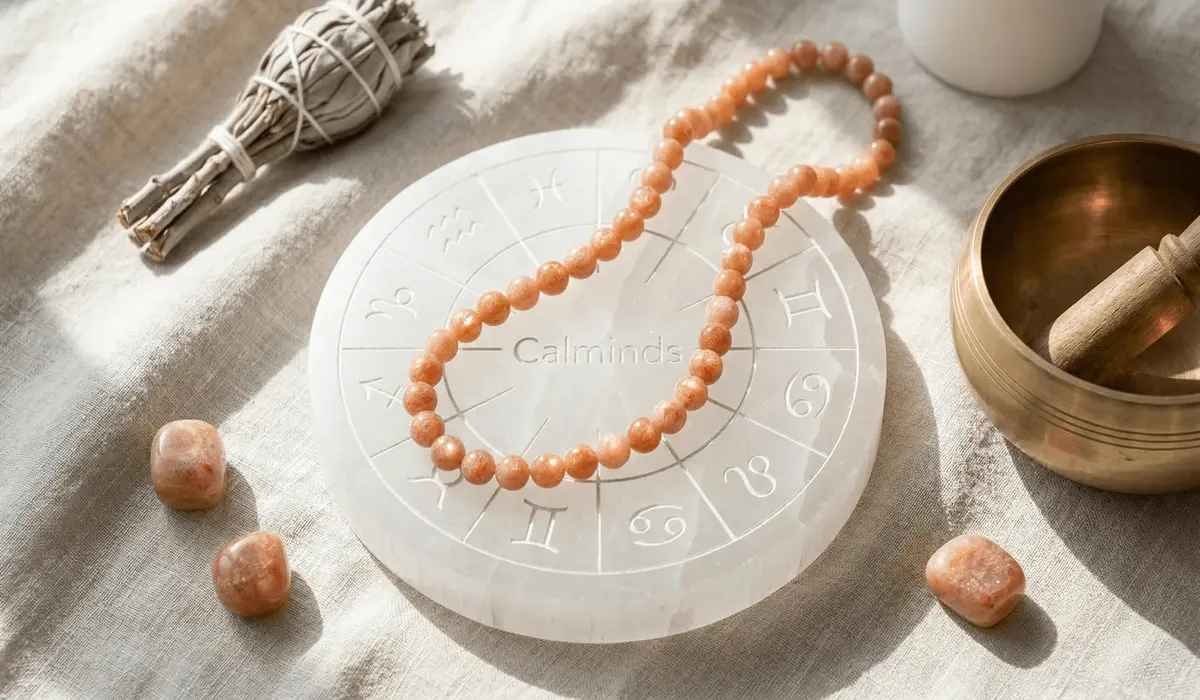 Sunstone vs. Goldstone: How to Tell the Difference and Their Spiritual Benefits 4 - Buddha Bodhis Sunstone jewelry being charged on a Selenite plate in morning sunlight, including cleansing tools like a singing bowl and sage.