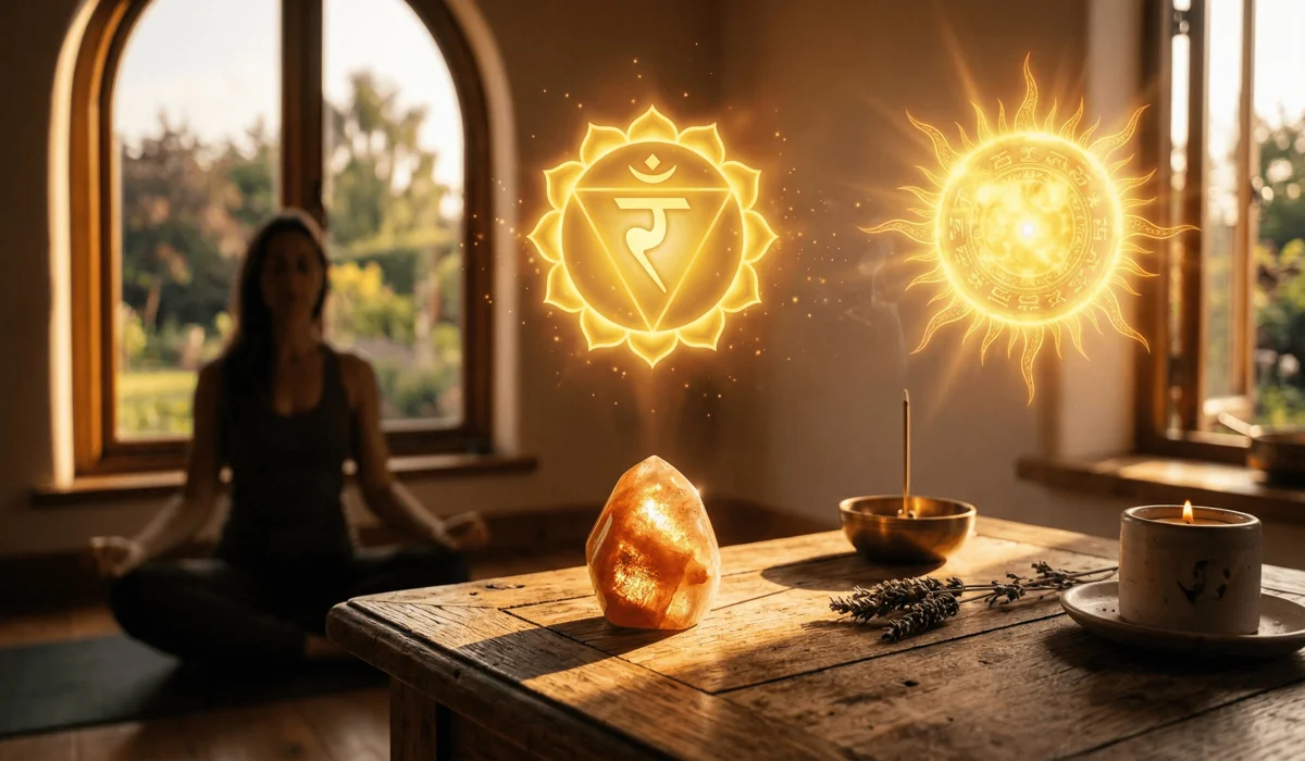 Sunstone vs. Goldstone: How to Tell the Difference and Their Spiritual Benefits 1 - Buddha Bodhis A Sunstone crystal on an altar bathed in sunlight, representing its spiritual connection to the solar plexus chakra and joy.