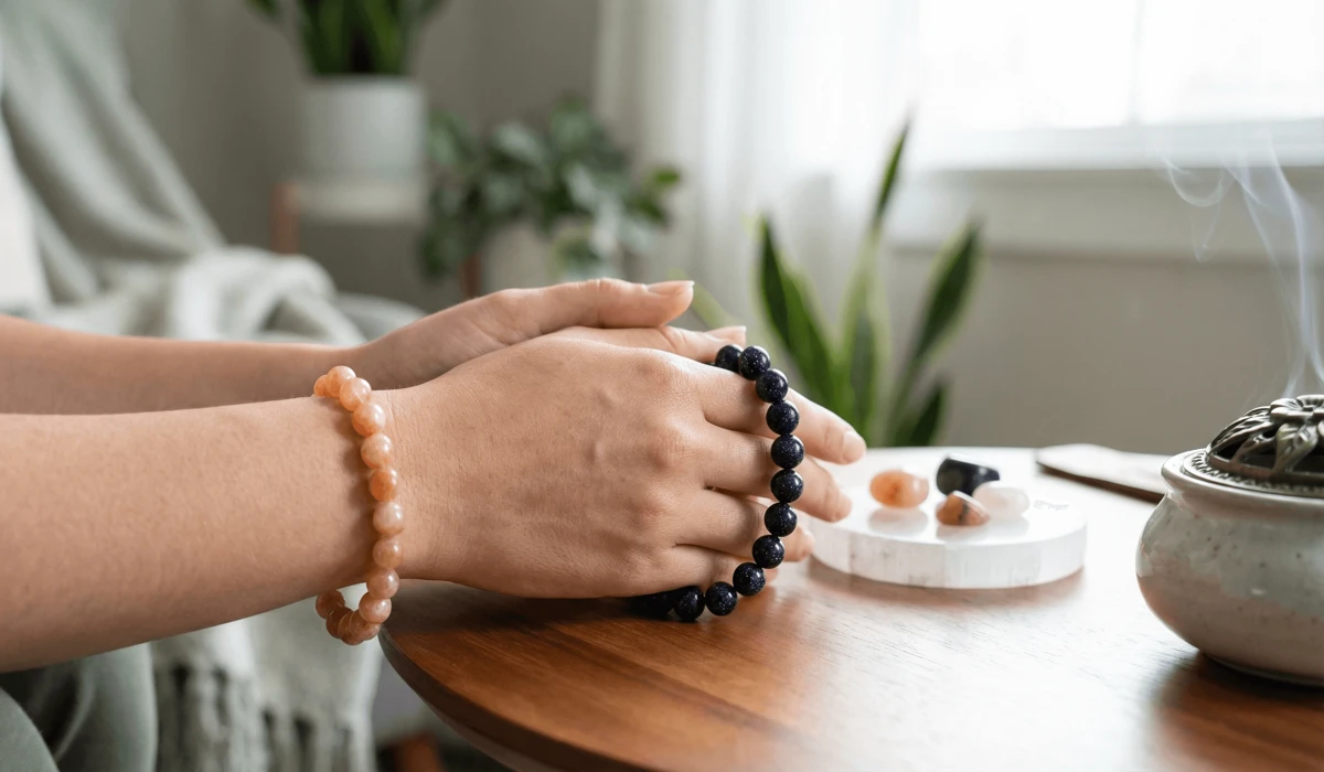 Sunstone vs. Goldstone: How to Tell the Difference and Their Spiritual Benefits 2 - Buddha Bodhis Hands wearing Sunstone and Blue Goldstone bracelets, demonstrating how to wear these stones for energy reception and manifestation.