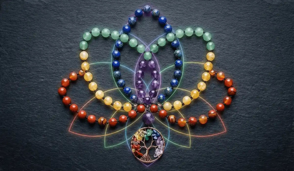 The Spiritual Power of Mala Beads: Why to Wear and Use Them Every Day 1 - Buddha Bodhis 108 gemstone mala beads arranged in a sacred geometry pattern symbolizing chakra alignment and spiritual awakening.