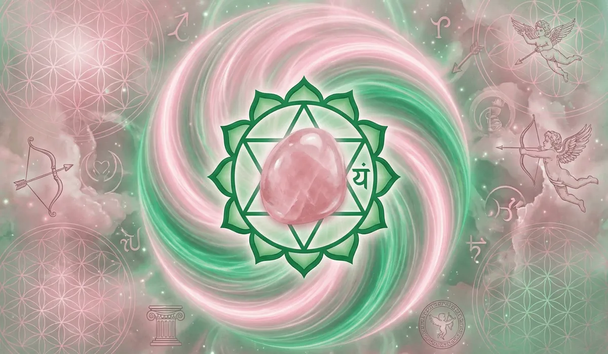 Rose Quartz Necklace Meaning: How to Use the Stone of Love for Healing and Connection 1 - Buddha Bodhis Spiritual illustration of rose quartz energy balancing the Heart Chakra with pink and green light frequencies.