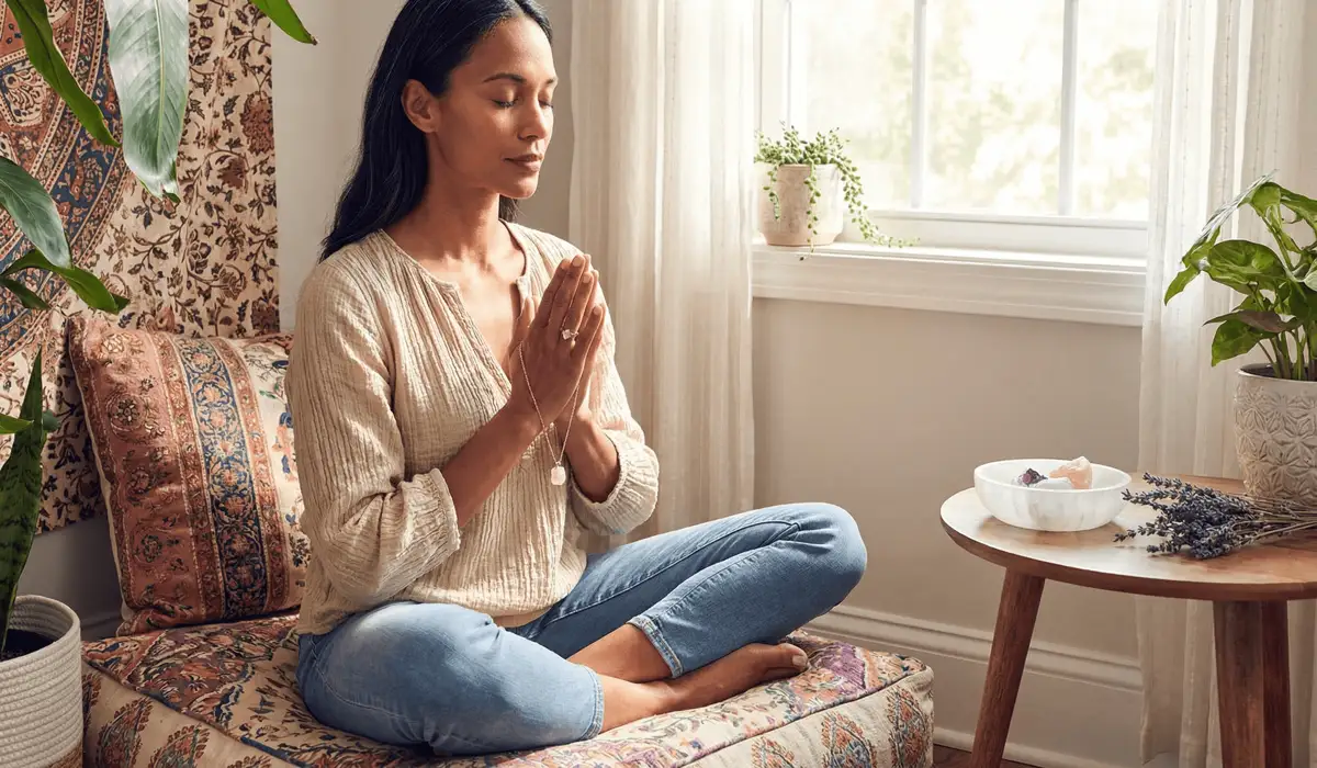 Rose Quartz Necklace Meaning: How to Use the Stone of Love for Healing and Connection 2 - Buddha Bodhis A woman performing a mindfulness ritual with a rose quartz necklace to promote self-love and inner peace.