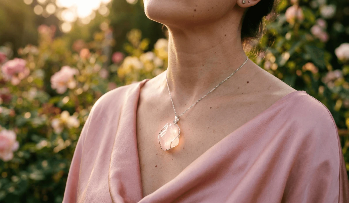Rose Quartz Necklace Meaning: How to Use the Stone of Love for Healing and Connection - Buddha Bodhis A glowing rose quartz necklace resting on the heart chakra area, symbolizing emotional healing and unconditional love.