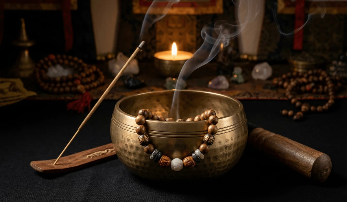 The Meaning and Benefits of the Om Mani Padme Hum Mantra Bracelet 4 - Buddha Bodhis A spiritual cleansing ritual for a mantra bracelet using a Tibetan singing bowl and incense smoke to purify its energy.