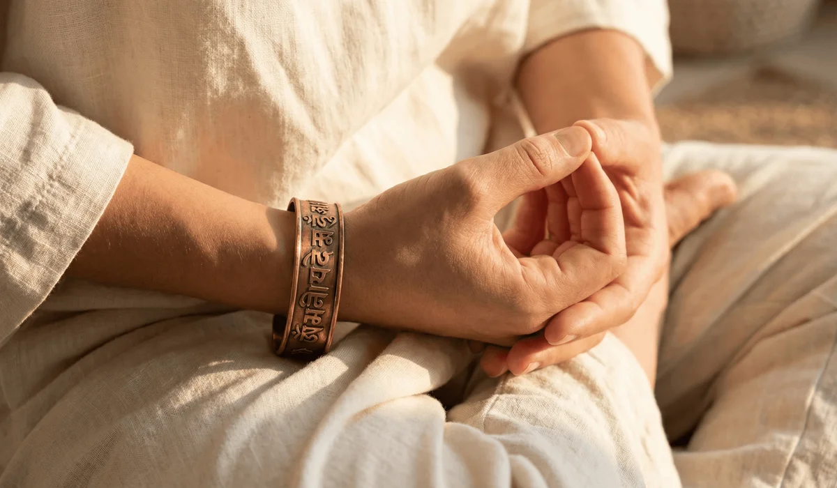 The Meaning and Benefits of the Om Mani Padme Hum Mantra Bracelet 2 - Buddha Bodhis Close-up of a practitioner wearing a Tibetan mantra bracelet on the left hand for mindfulness and emotional balance.