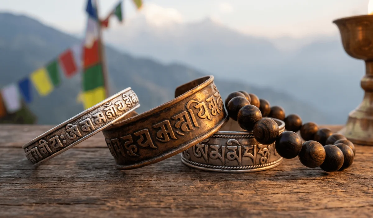 The Meaning and Benefits of the Om Mani Padme Hum Mantra Bracelet - Buddha Bodhis A collection of traditional Tibetan Om Mani Padme Hum bracelets made of copper, silver, and sandalwood against a Himalayan backdrop.