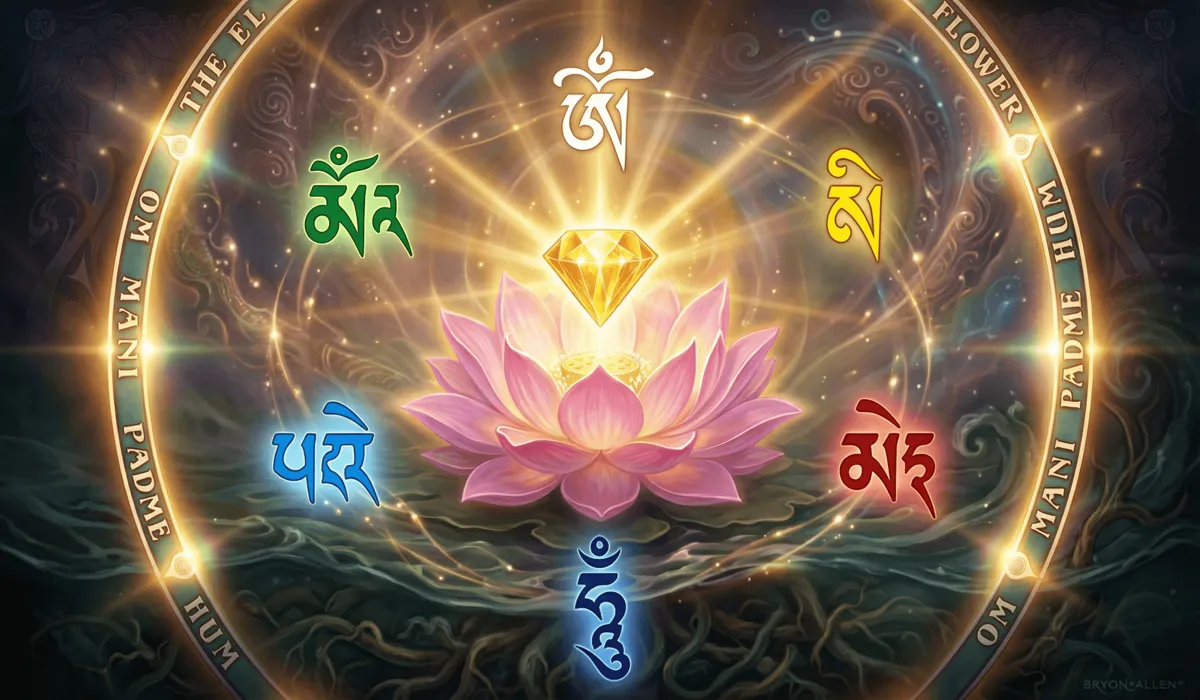 The Meaning and Benefits of the Om Mani Padme Hum Mantra Bracelet 1 - Buddha Bodhis Artistic representation of the 'Jewel in the Lotus' spiritual concept with glowing Sanskrit mantra syllables.