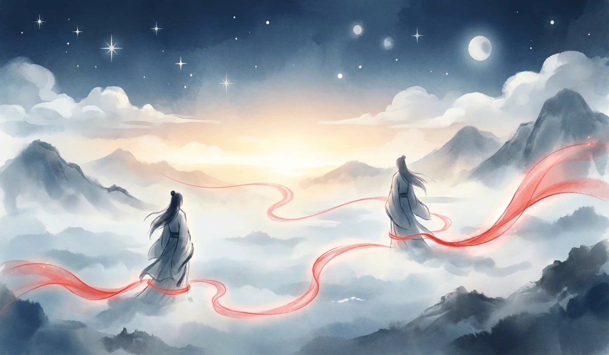 The Spiritual Meaning of Red String Anklets in Buddhism and the Legend of Fate 1 - Buddha Bodhis Conceptual art of the Red Thread of Fate connecting two souls across a mystical landscape, representing karmic destiny.