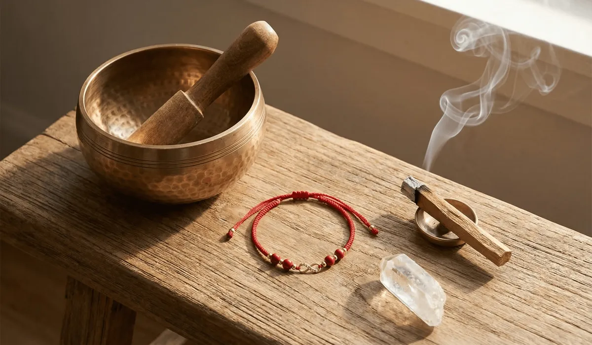 The Spiritual Meaning of Red String Anklets in Buddhism and the Legend of Fate 4 - Buddha Bodhis A red string anklet being cleansed with incense and crystals on a spiritual altar for energy charging.