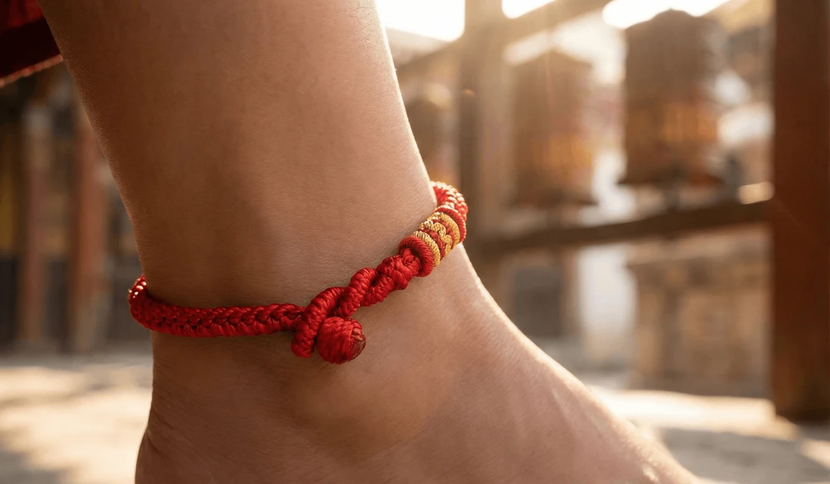 The Spiritual Meaning of Red String Anklets in Buddhism and the Legend of Fate - Buddha Bodhis A hand-braided red string anklet worn on an ankle in a spiritual Buddhist temple setting, symbolizing protection and fate.