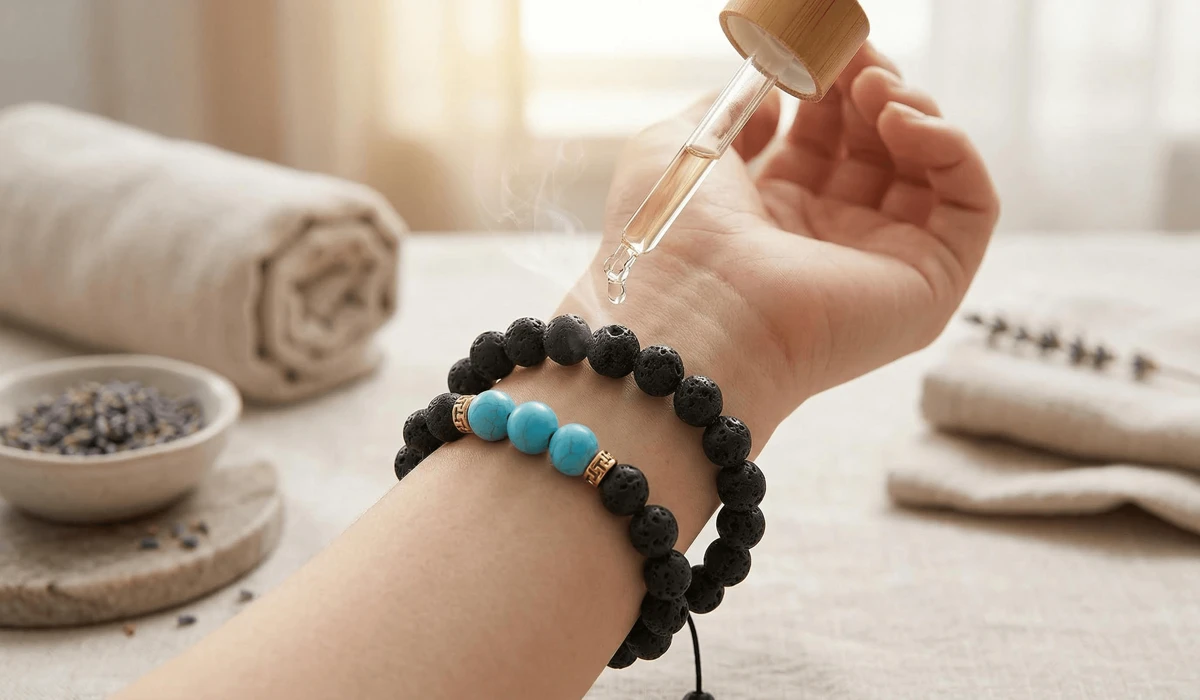 The Healing Benefits of Lava Stone for Grounding and Anxiety Relief 2 - Buddha Bodhis Lava stone bead bracelet being used as an essential oil diffuser for aromatherapy and anxiety relief.