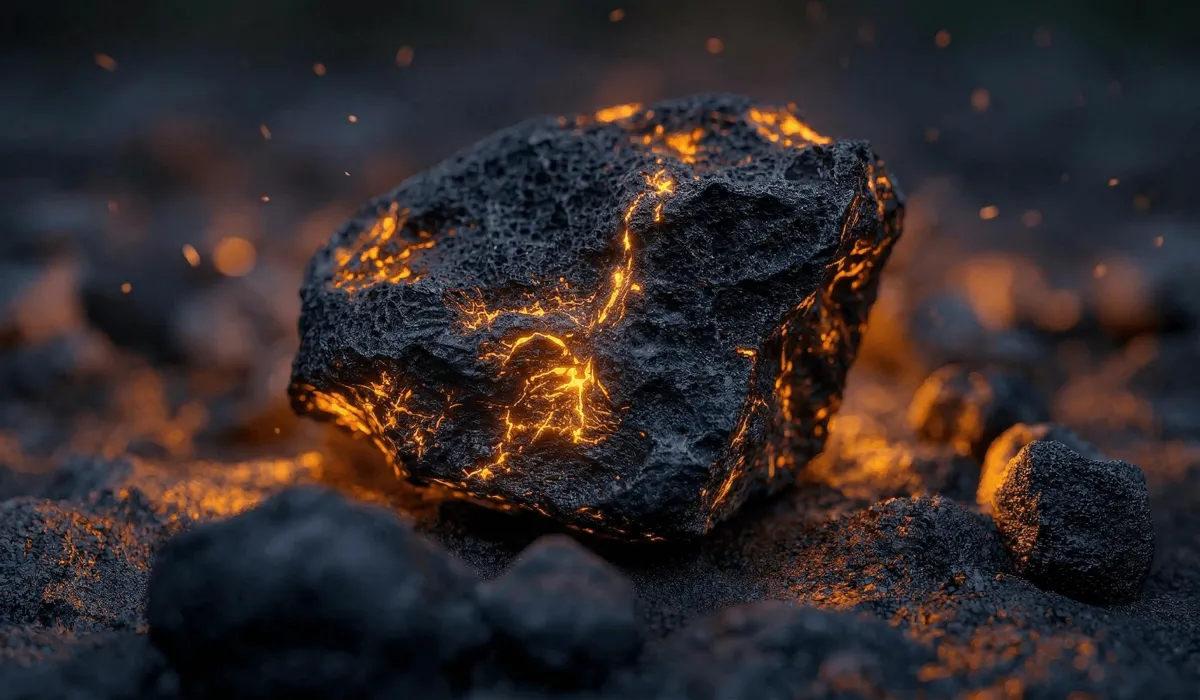 The Healing Benefits of Lava Stone for Grounding and Anxiety Relief - Buddha Bodhis A macro shot of a porous black lava stone on volcanic ground with glowing magma in the background, representing its origin and energy.
