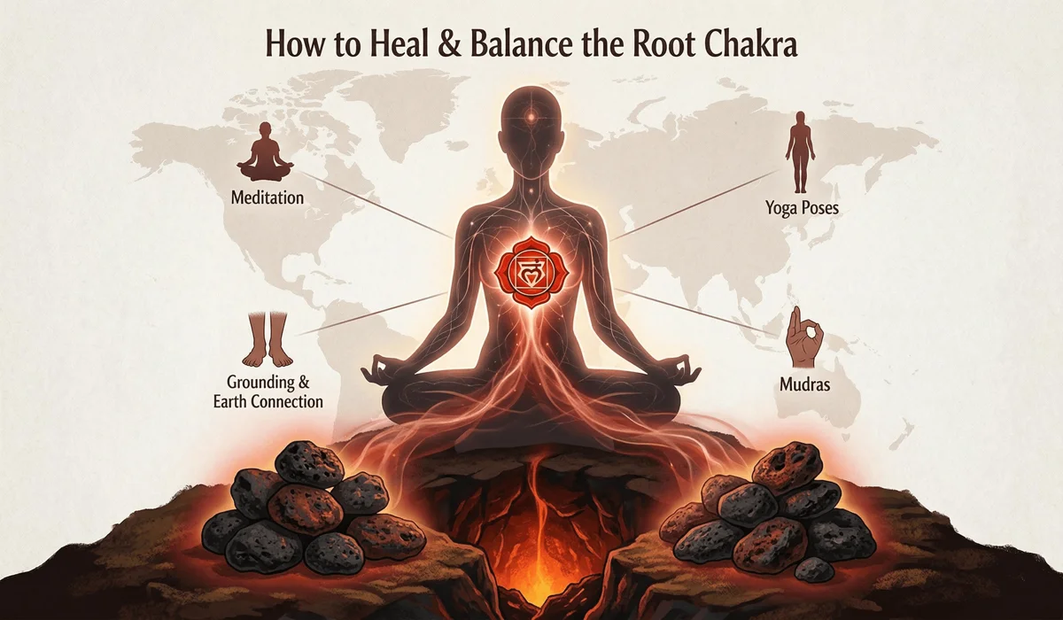 The Healing Benefits of Lava Stone for Grounding and Anxiety Relief 1 - Buddha Bodhis Spiritual illustration showing the connection between lava stones, the root chakra, and grounding energy during meditation.