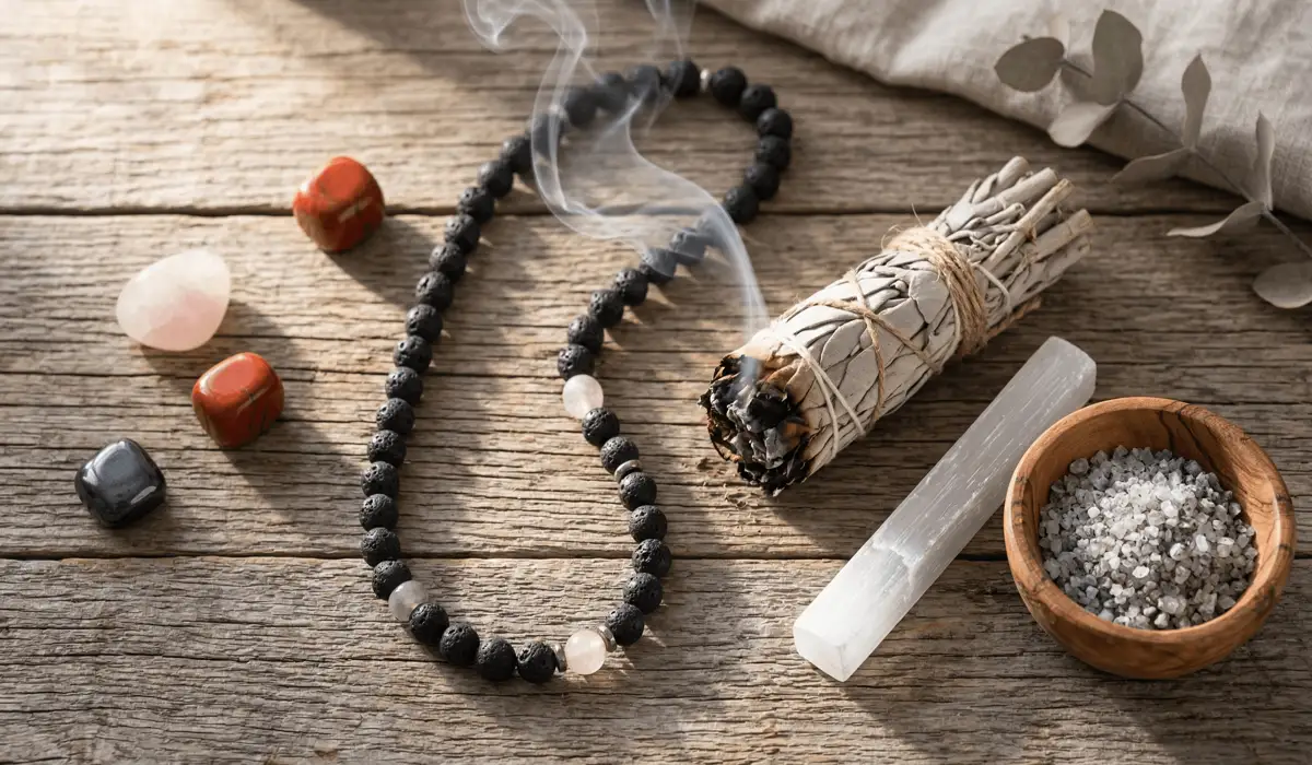 The Healing Benefits of Lava Stone for Grounding and Anxiety Relief 4 - Buddha Bodhis A cleansing ritual for lava stone jewelry featuring sage smoke, sea salt, and selenite for spiritual maintenance.