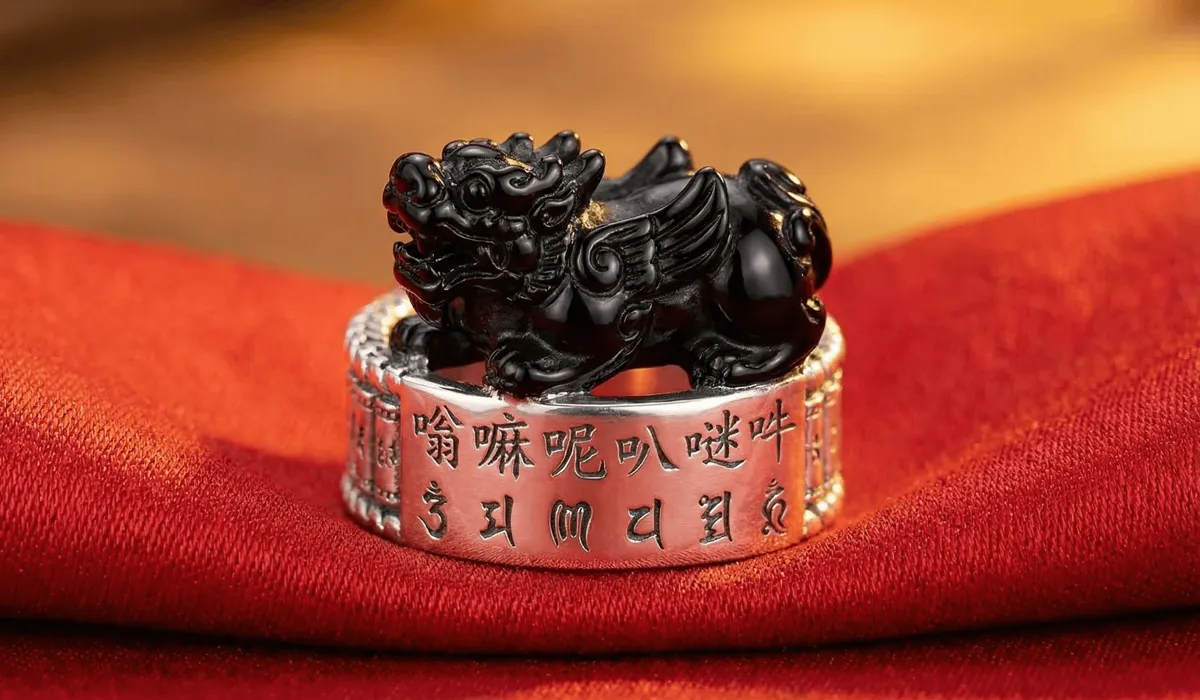 How to Wear a Pixiu Ring for Wealth: Rules, Meaning, and Activation - Buddha Bodhis A detailed 925 sterling silver Pixiu ring with black obsidian and engraved protective mantras on a red silk background.