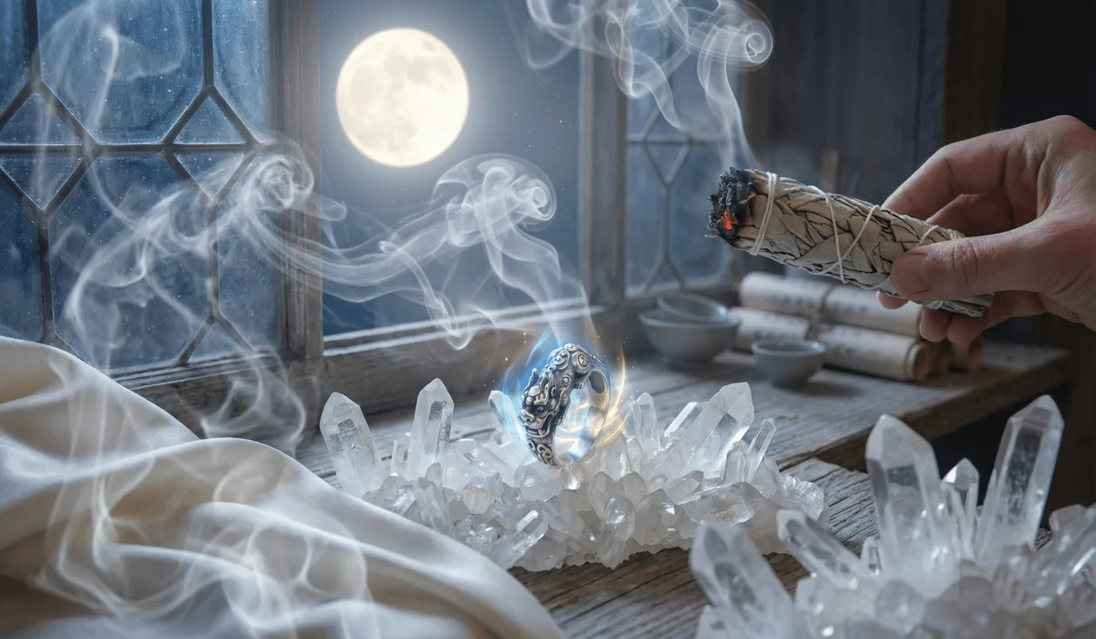 How to Wear a Pixiu Ring for Wealth: Rules, Meaning, and Activation 3 - Buddha Bodhis A Pixiu ring being cleansed with sage smoke and moonlight on a bed of clear quartz crystals for spiritual activation.