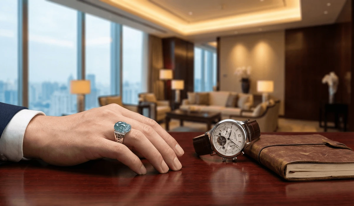 How to Wear a Pixiu Ring for Wealth: Rules, Meaning, and Activation 2 - Buddha Bodhis An entrepreneur wearing a jade Pixiu ring at a desk, representing financial success and career advancement.