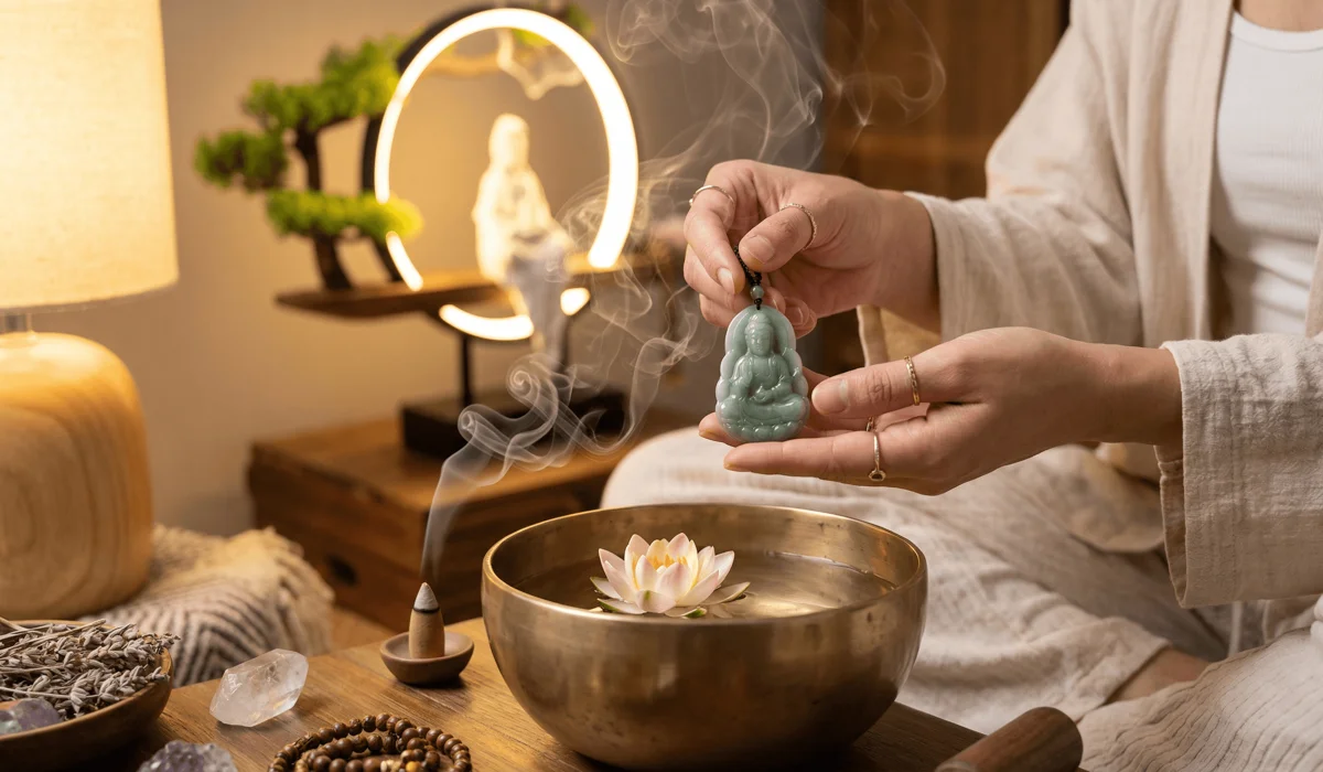 The Meaning and Symbolism of Guan Yin Pendants: A Guide to Compassion and Protection - Buddha Bodhis A detailed green jade Guan Yin pendant symbolizing compassion and mercy, carved with traditional Buddhist motifs.