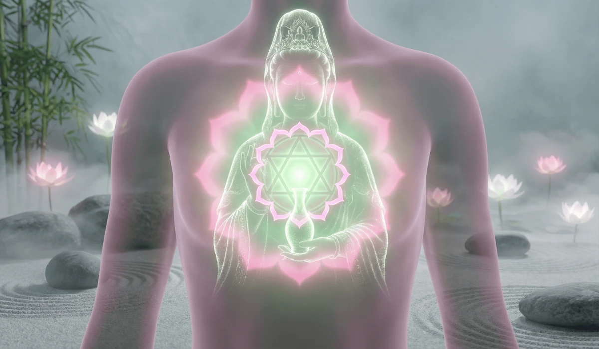 The Meaning and Symbolism of Guan Yin Pendants: A Guide to Compassion and Protection 1 - Buddha Bodhis Digital art representing the spiritual connection between a Guan Yin pendant and the Heart Chakra for emotional balance.