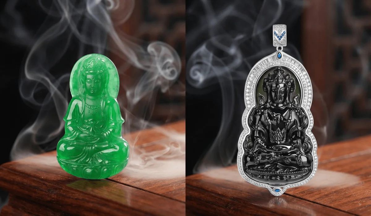 The Meaning and Symbolism of Guan Yin Pendants: A Guide to Compassion and Protection 2 - Buddha Bodhis Comparison between a Jade Guan Yin pendant for harmony and an Black Obsidian Guan Yin pendant for protection.