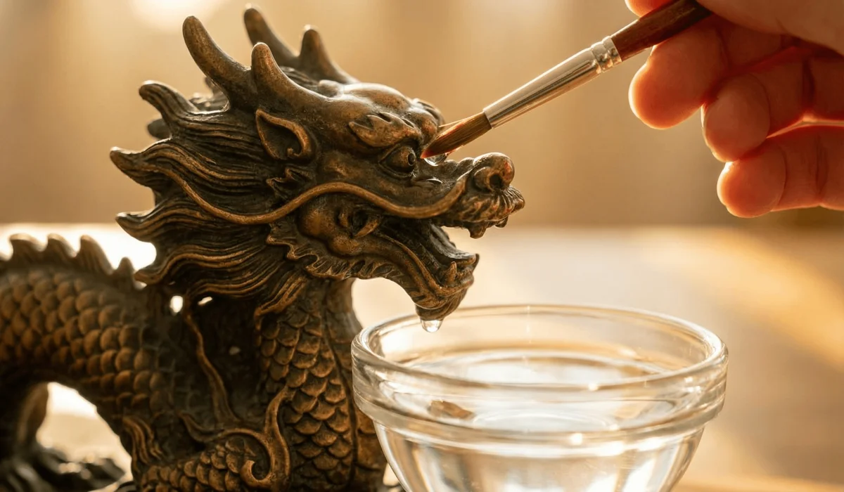 How to Place Feng Shui Dragon Statues in Your Home and Office for Success 3 - Buddha Bodhis Close-up of the water activation ritual for a Feng Shui dragon statue to awaken its protective spirit.