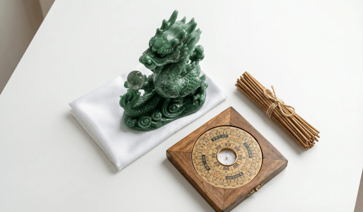 How to Place Feng Shui Dragon Statues in Your Home and Office for Success 2 - Buddha Bodhis Feng Shui ritual tools including a jade dragon statue, a traditional compass, and a white cleaning cloth for space clearing.