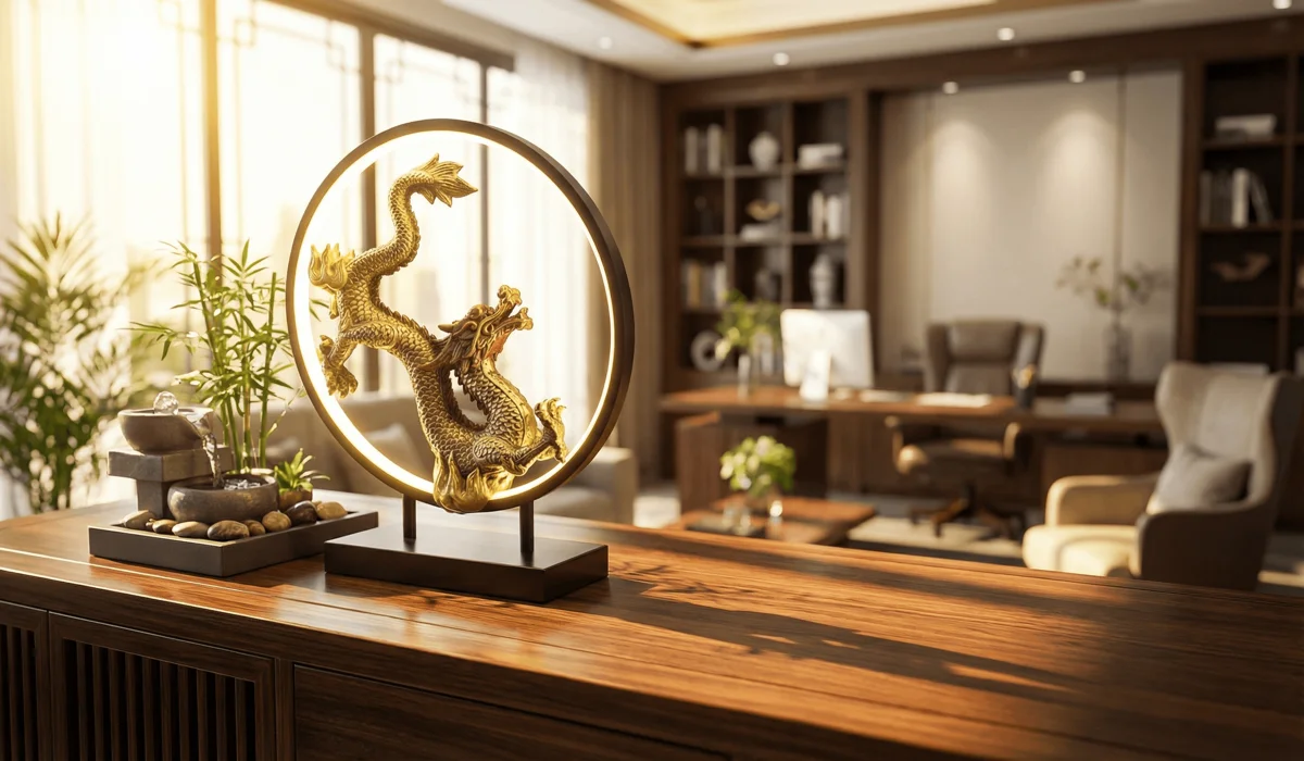 How to Place Feng Shui Dragon Statues in Your Home and Office for Success - Buddha Bodhis A brass Feng Shui dragon statue placed at eye level in an East-facing room near a water source for prosperity.