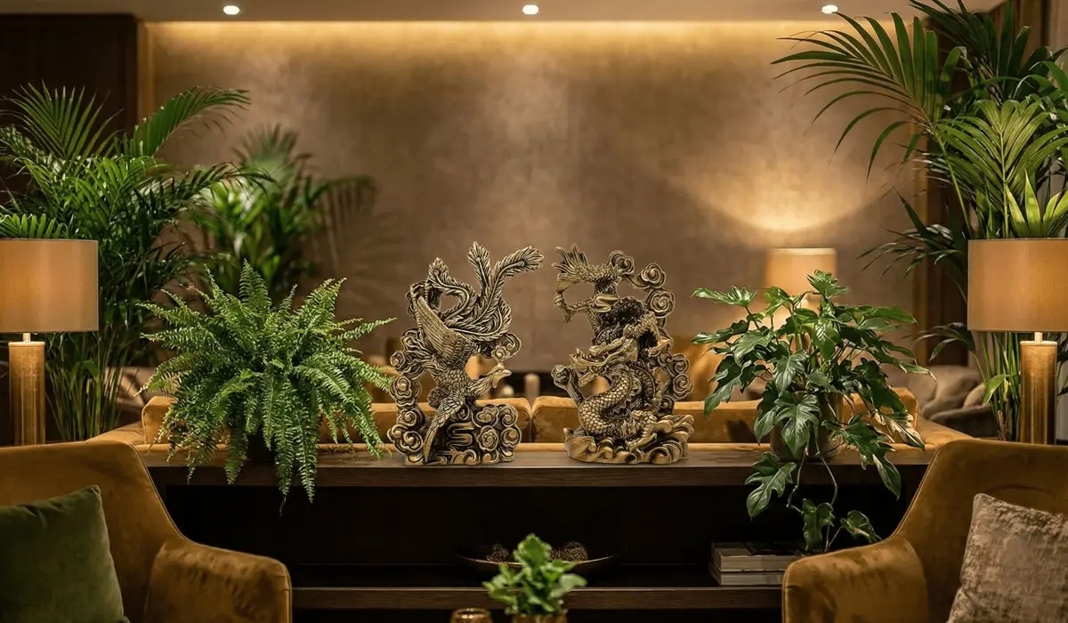 How to Place Feng Shui Dragon Statues in Your Home and Office for Success 4 - Buddha Bodhis A harmonious Feng Shui arrangement of a Dragon and Phoenix statue paired with green plants for balanced energy.