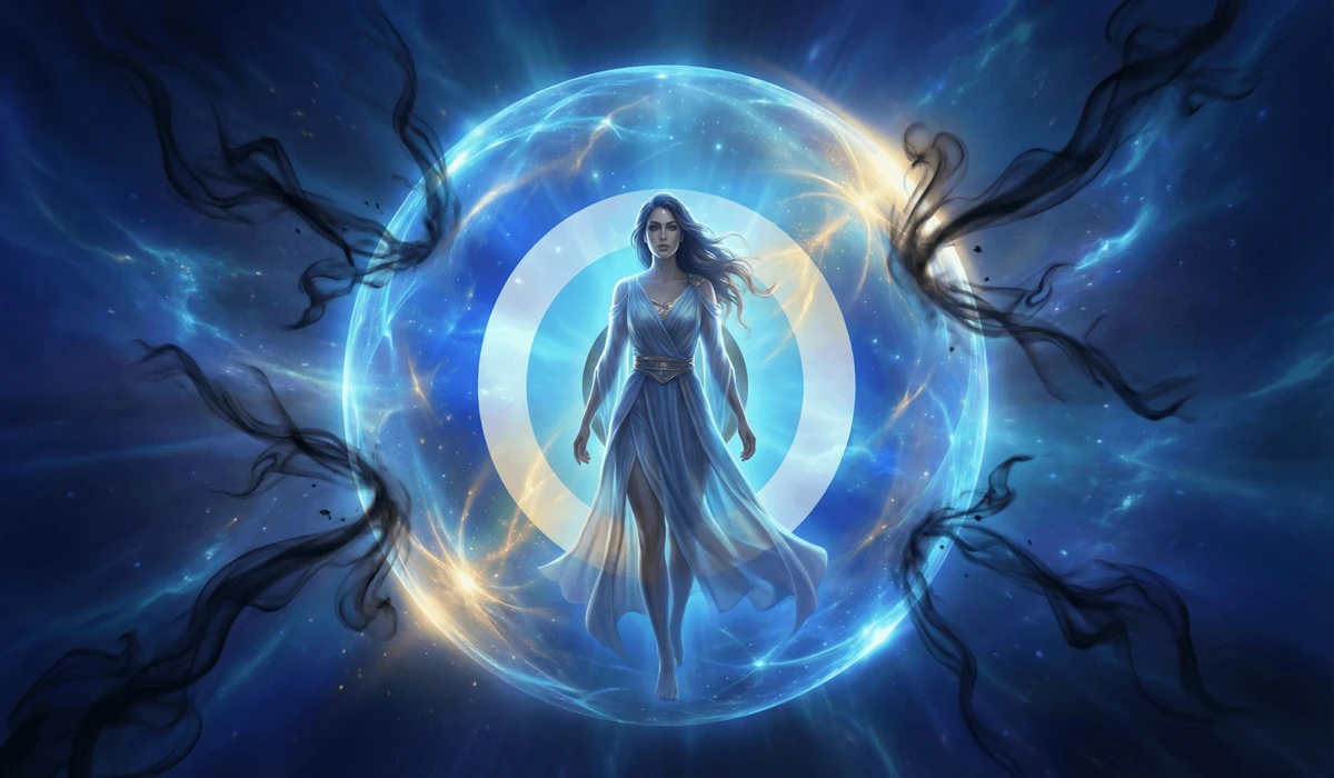 The Spiritual Meaning of Evil Eye Bracelets for Women: Protection, Rules, and Reputation 1 - Buddha Bodhis Conceptual art of a protective blue energy shield deflecting negative energy and envy from a woman's spiritual aura.