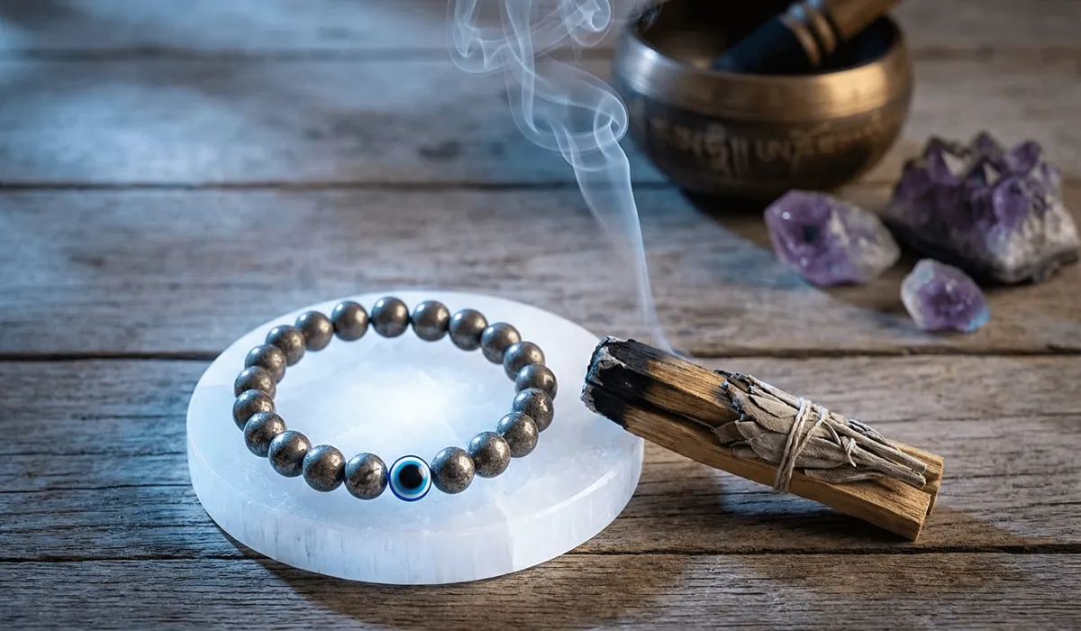 The Spiritual Meaning of Evil Eye Bracelets for Women: Protection, Rules, and Reputation 4 - Buddha Bodhis An evil eye bracelet being cleansed with sage smoke and charged on a selenite plate to restore its metaphysical protective properties.