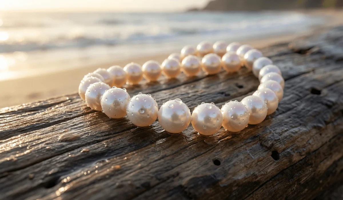 Can Pearls Get Wet? A Guide to Swimming, Showering, and Caring for Your Pearls - Buddha Bodhis Close-up of high-quality pearls with water droplets highlighting their natural luster and nacre integrity.