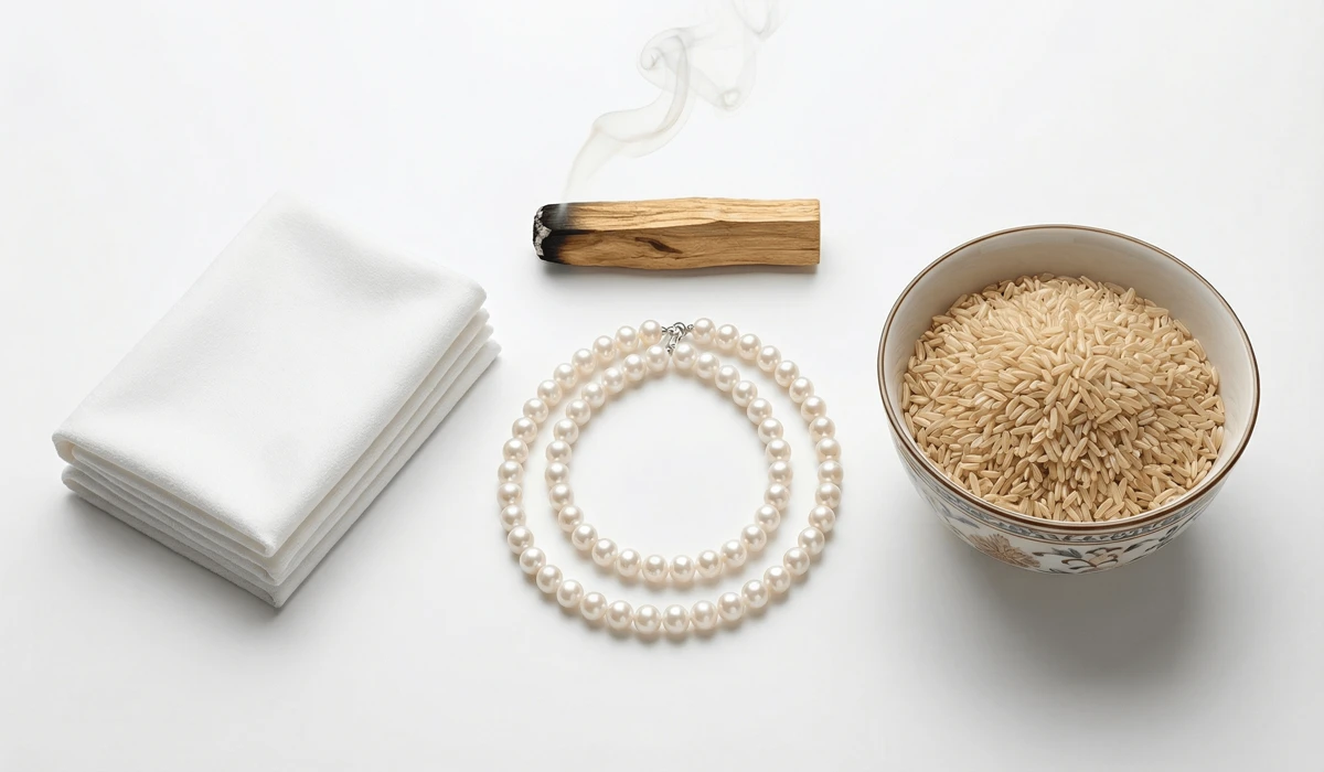Can Pearls Get Wet? A Guide to Swimming, Showering, and Caring for Your Pearls 3 - Buddha Bodhis A flat-lay showing safe pearl cleaning methods including a soft cloth, sandalwood smoke, and dry rice.