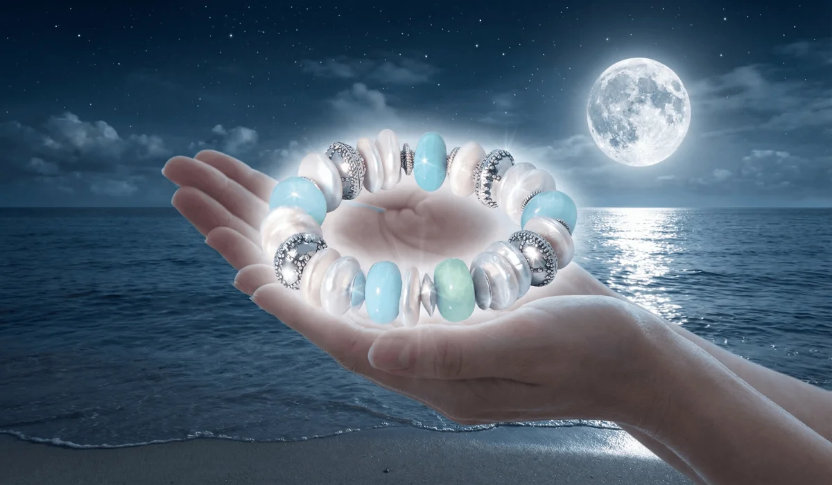 Can Pearls Get Wet? A Guide to Swimming, Showering, and Caring for Your Pearls 1 - Buddha Bodhis A pearl bracelet being held under moonlight to represent the spiritual meaning and lunar connection of pearls.