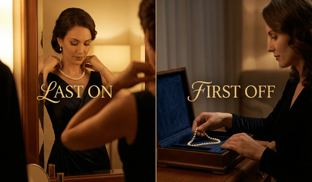 Can Pearls Get Wet? A Guide to Swimming, Showering, and Caring for Your Pearls 2 - Buddha Bodhis Visual guide showing the 'last on, first off' rule for pearl jewelry maintenance and storage.