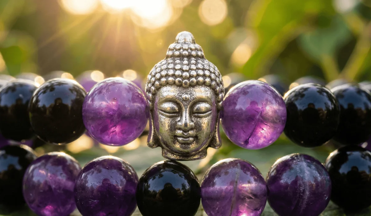 The Meaning of Buddha Bracelets: A Guide to Symbolism, Benefits, and Proper Wear 1 - Buddha Bodhis Close-up of a silver Buddha head charm on an Amethyst and Obsidian bracelet, showcasing symbols of enlightenment and spiritual wisdom.
