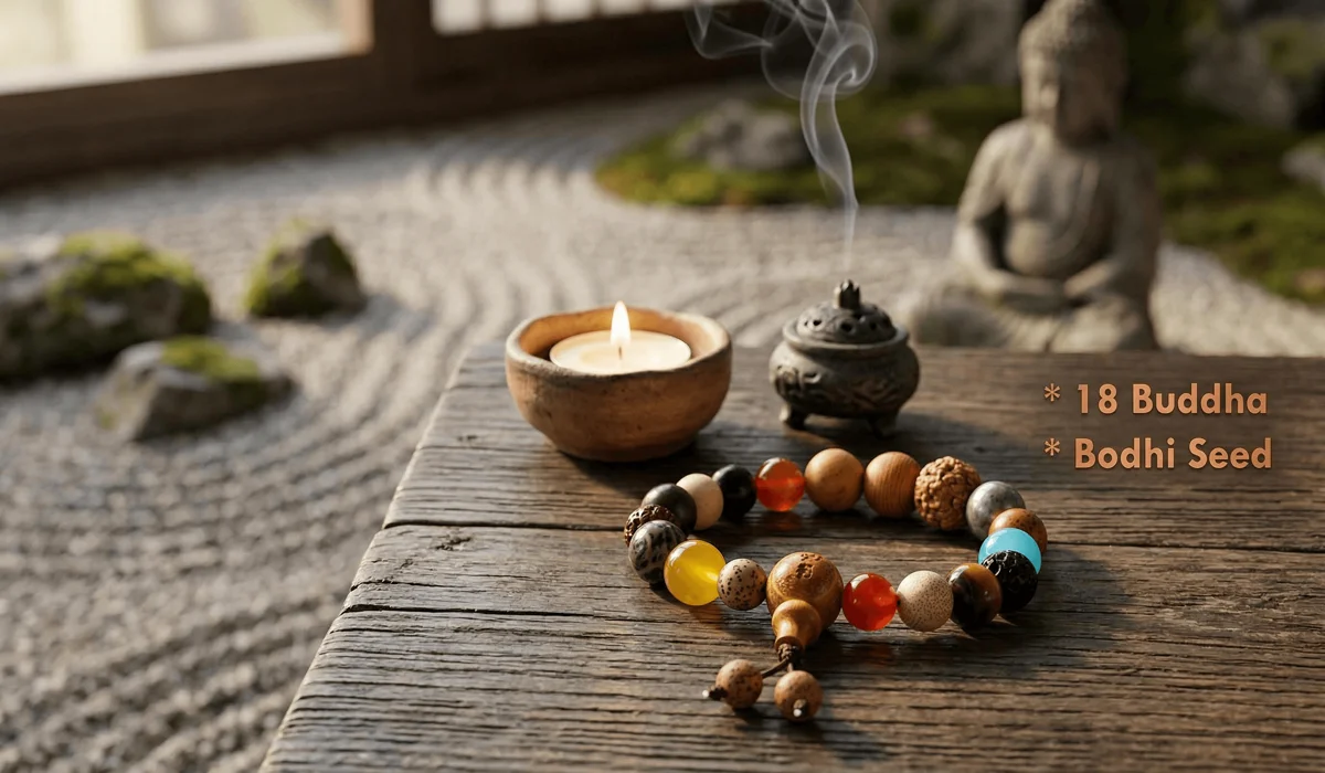 The Meaning of Buddha Bracelets: A Guide to Symbolism, Benefits, and Proper Wear - Buddha Bodhis Traditional Buddha bracelet with sandalwood and Bodhi seed beads on a Zen meditation table, symbolizing mindfulness and spiritual grounding.