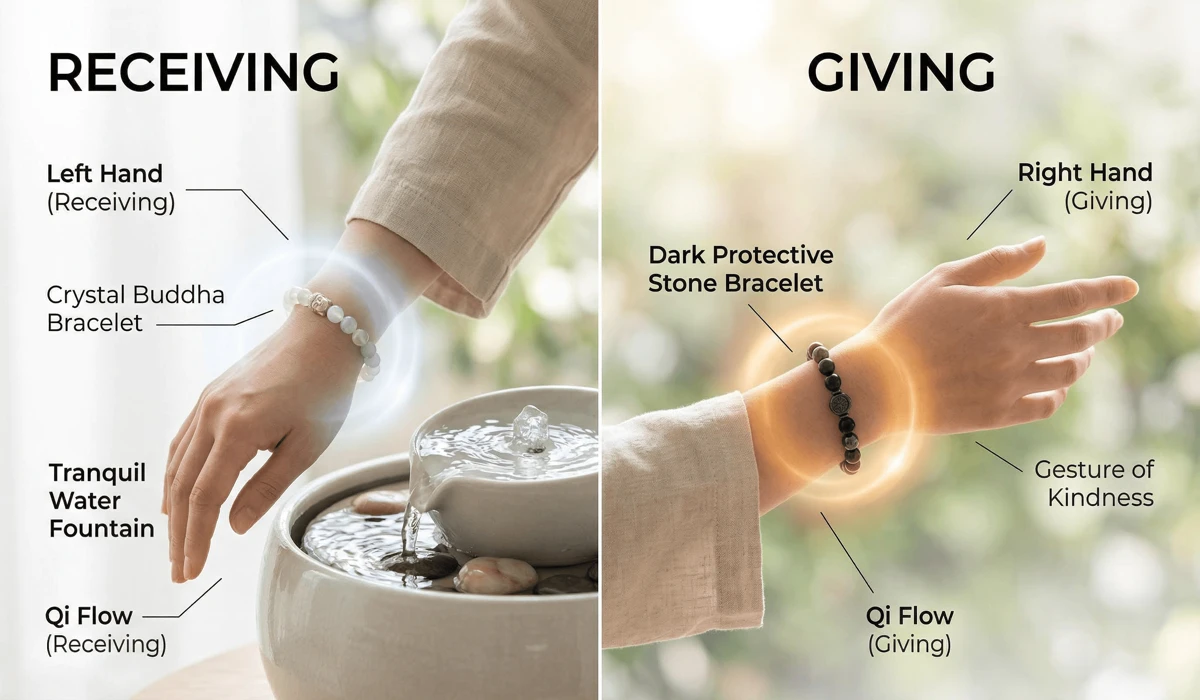 The Meaning of Buddha Bracelets: A Guide to Symbolism, Benefits, and Proper Wear 2 - Buddha Bodhis Comparison of wearing a Buddha bracelet on the left wrist for receiving energy versus the right wrist for giving and protection.