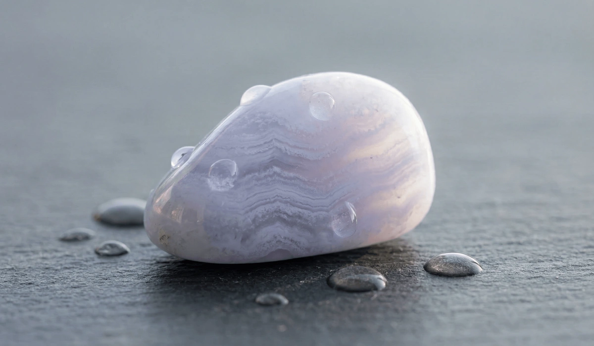 Blue Lace Agate: Healing Properties for Anxiety and Peaceful Communication - Buddha Bodhis Close-up of a polished Blue Lace Agate stone showing its unique pale blue and white lace-like banding patterns.