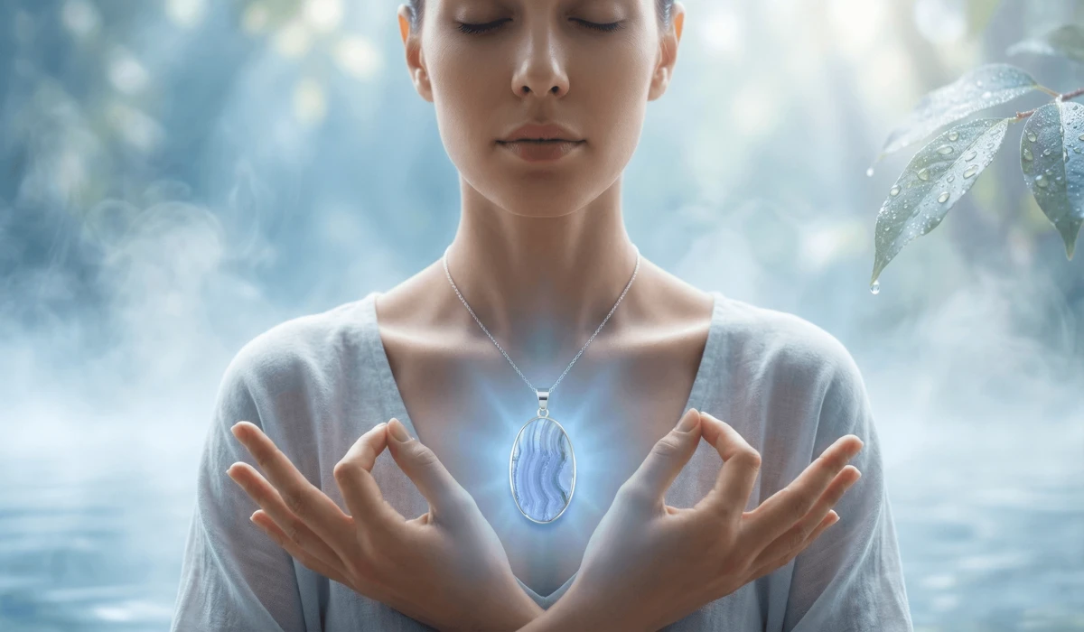 Blue Lace Agate: Healing Properties for Anxiety and Peaceful Communication 1 - Buddha Bodhis A Blue Lace Agate pendant worn near the throat, glowing with soft blue light to represent Throat Chakra healing.