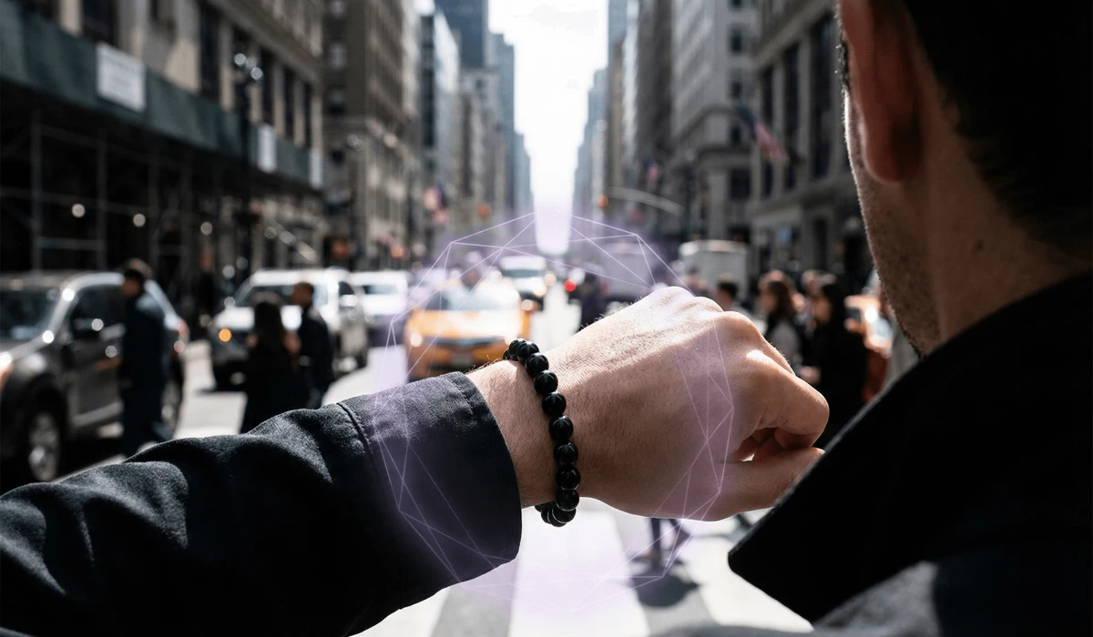 The Spiritual Meaning and Protective Benefits of Black Obsidian Bracelets 2 - Buddha Bodhis A person wearing a black obsidian bracelet on their left hand, acting as a protective shield against negative environmental energy.