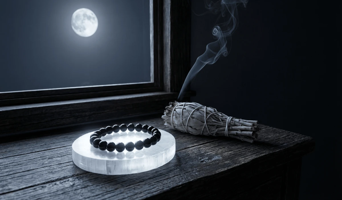 The Spiritual Meaning and Protective Benefits of Black Obsidian Bracelets 3 - Buddha Bodhis A black obsidian bracelet being cleansed and charged on a selenite plate under the light of a full moon with sage smoke.