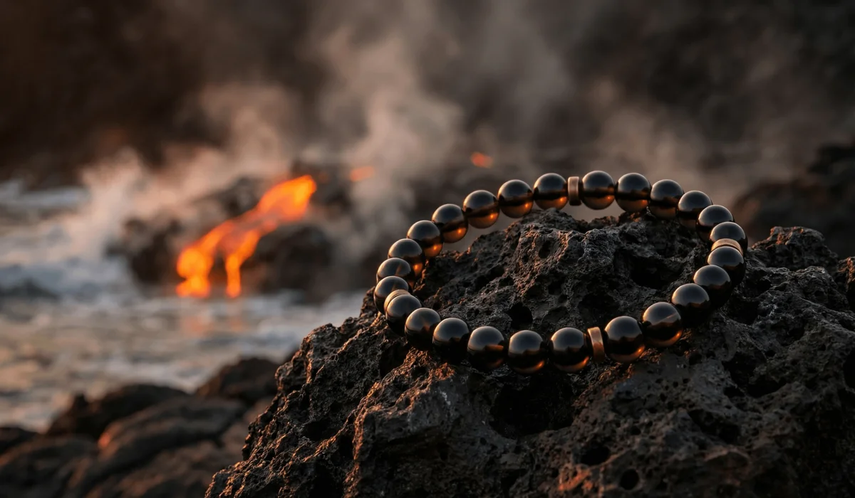 The Spiritual Meaning and Protective Benefits of Black Obsidian Bracelets - Buddha Bodhis A genuine black obsidian bracelet resting on volcanic rock, highlighting its origin as natural volcanic glass with a vitreous luster.