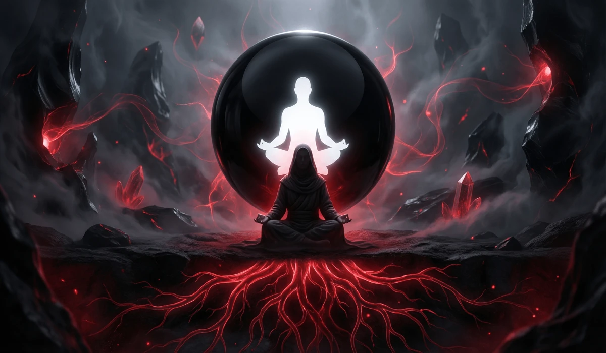 The Spiritual Meaning and Protective Benefits of Black Obsidian Bracelets 1 - Buddha Bodhis Spiritual illustration of black obsidian as a mirror stone for self-reflection and root chakra grounding.