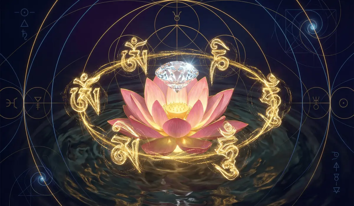 The Spiritual and Practical Benefits of Chanting Om Mani Padme Hum Daily 1 - Buddha Bodhis A symbolic representation of the Jewel in the Lotus, illustrating the transformation of the six realms of existence through the syllables of the mantra.