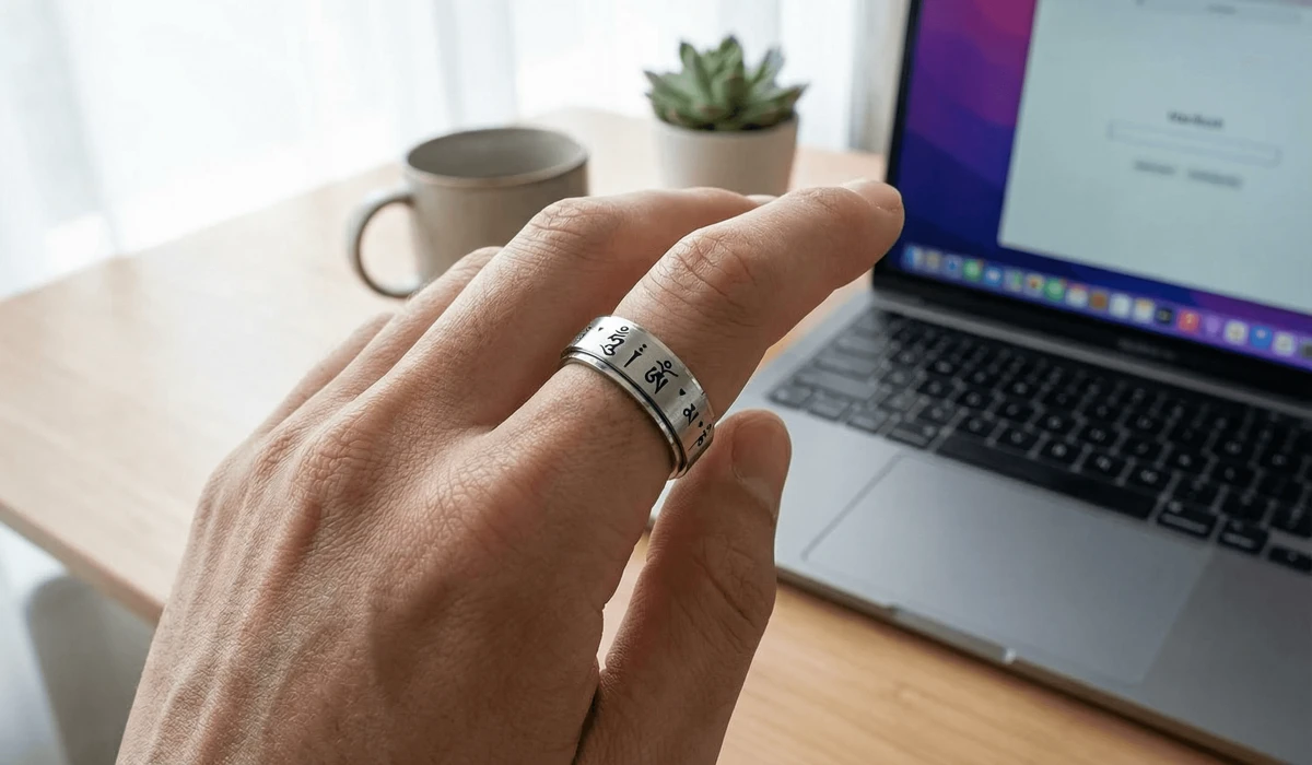 The Spiritual and Practical Benefits of Chanting Om Mani Padme Hum Daily 2 - Buddha Bodhis A spiritual Om Mani Padme Hum ring worn as a mindfulness tool to reduce stress and digital burnout in a modern environment.