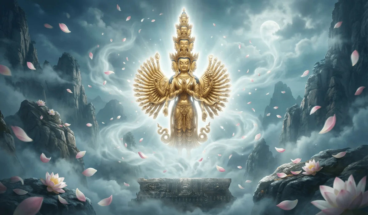 The Spiritual and Practical Benefits of Chanting Om Mani Padme Hum Daily - Buddha Bodhis The eleven-headed and thousand-armed Avalokiteshvara, the Bodhisattva of Compassion, symbolizing the origin of the Om Mani Padme Hum mantra.