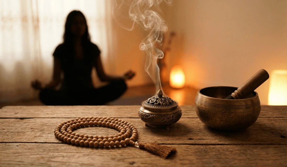 The Spiritual and Practical Benefits of Chanting Om Mani Padme Hum Daily 3 - Buddha Bodhis A meditation altar with Mala beads and ritual items for daily chanting of Om Mani Padme Hum to synchronize breath and spirit.